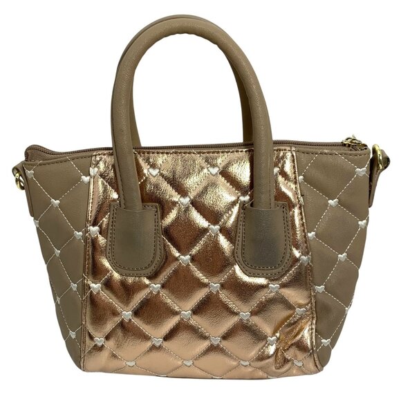 Betsey Johnson Taupe Gold Quilted Heart Embroidered Mini Shoulder Bag w/ Strap - Picture 3 of 10